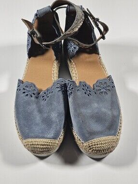 Crown Vintage Women’s Blue Suede Espadrille Flats with Ankle Strap Size 9